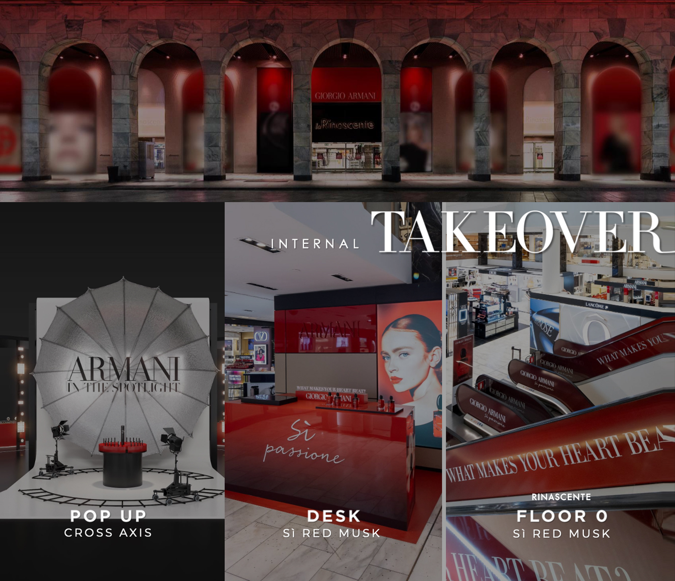 Armani In the Spotlight pop-up set inside Rinascente Milano, featuring professional lighting, photography station and Si Red Musk display.