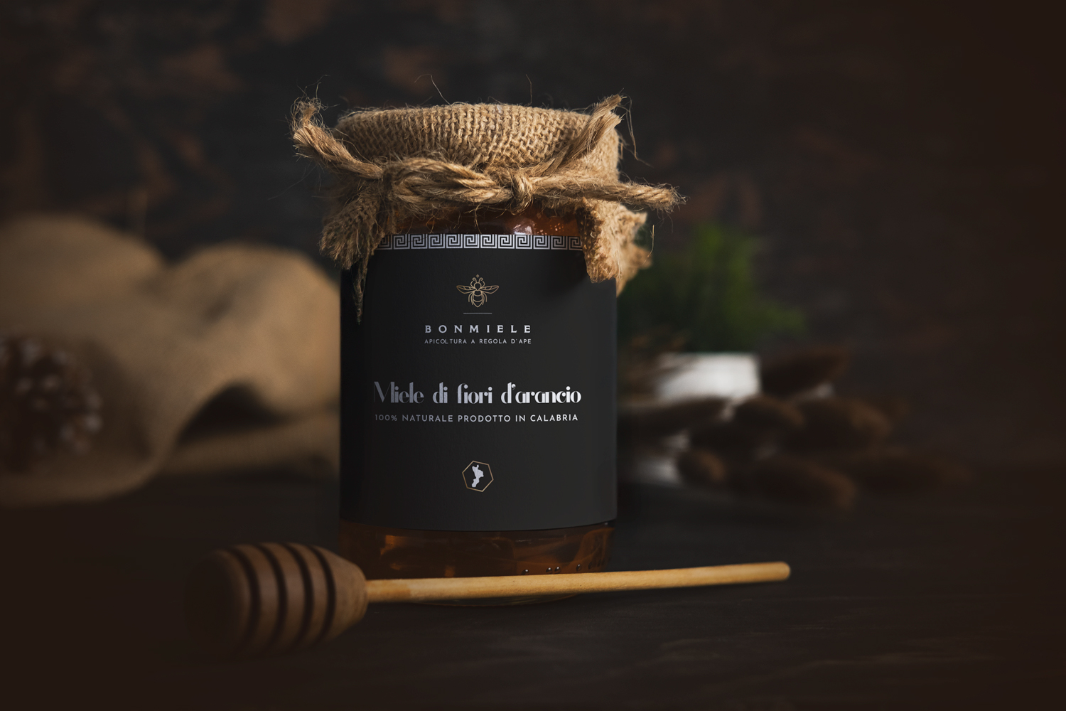 Bonmiele orange blossom honey jar with black label and rustic fabric lid