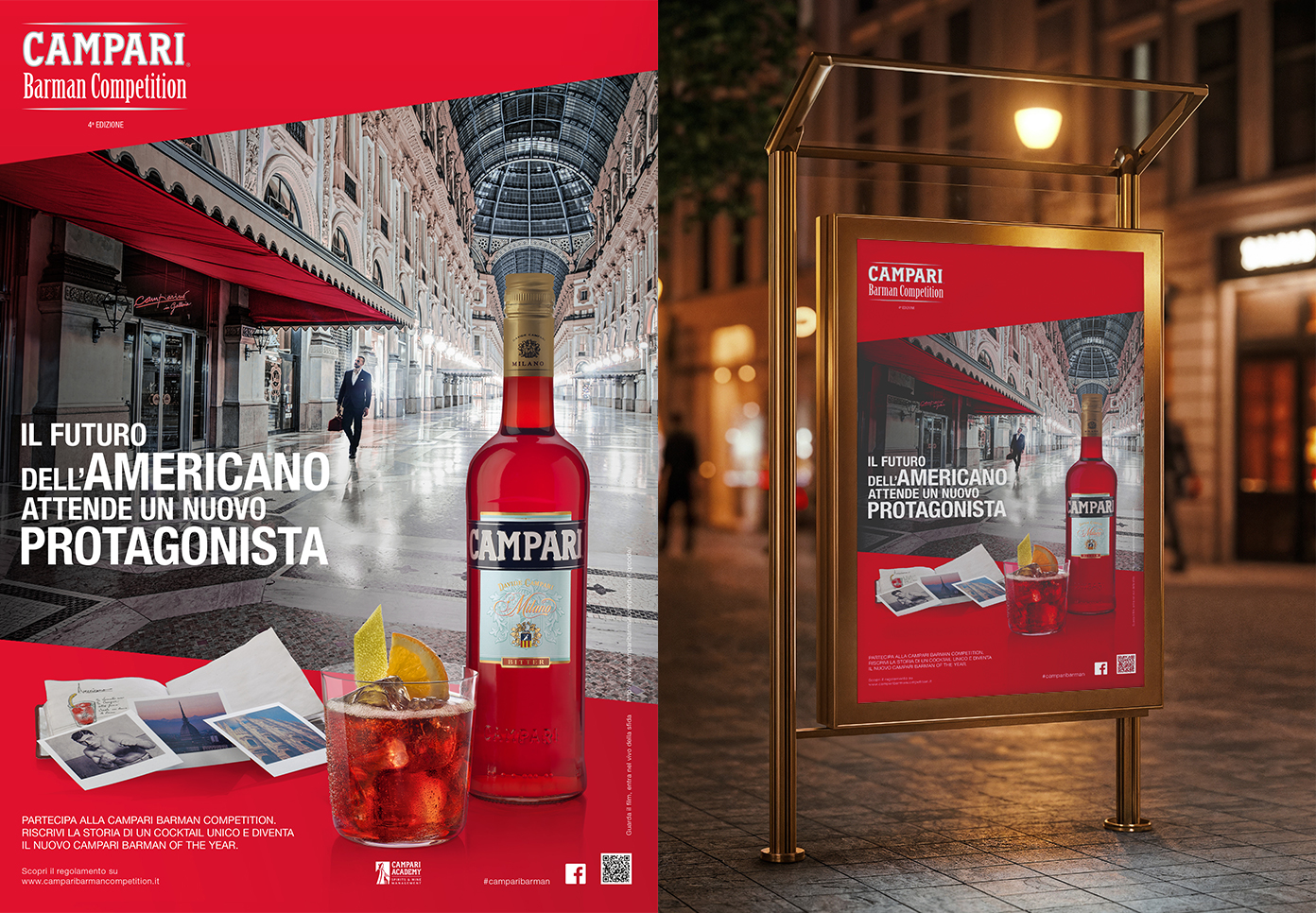 Campari Barman Competition campaign key visual featuring Campari bottle and Americano cocktail inside Galleria Vittorio Emanuele II, with outdoor billboard mockup.