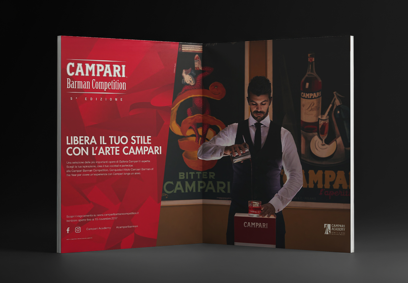 Campari Barman Competition editorial spread featuring bartender preparing a cocktail and campaign headline.