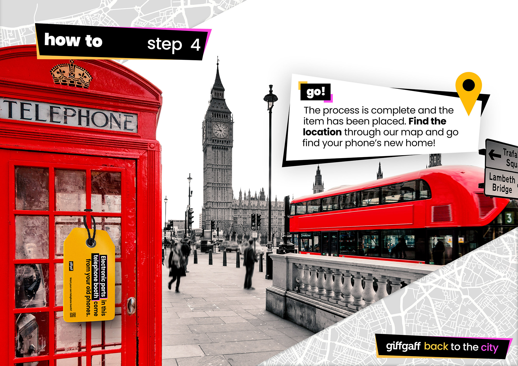 Campaign visual for step 4 showing a red London phone booth with a tagged repaired component, Big Ben and a red double-decker bus in the background.