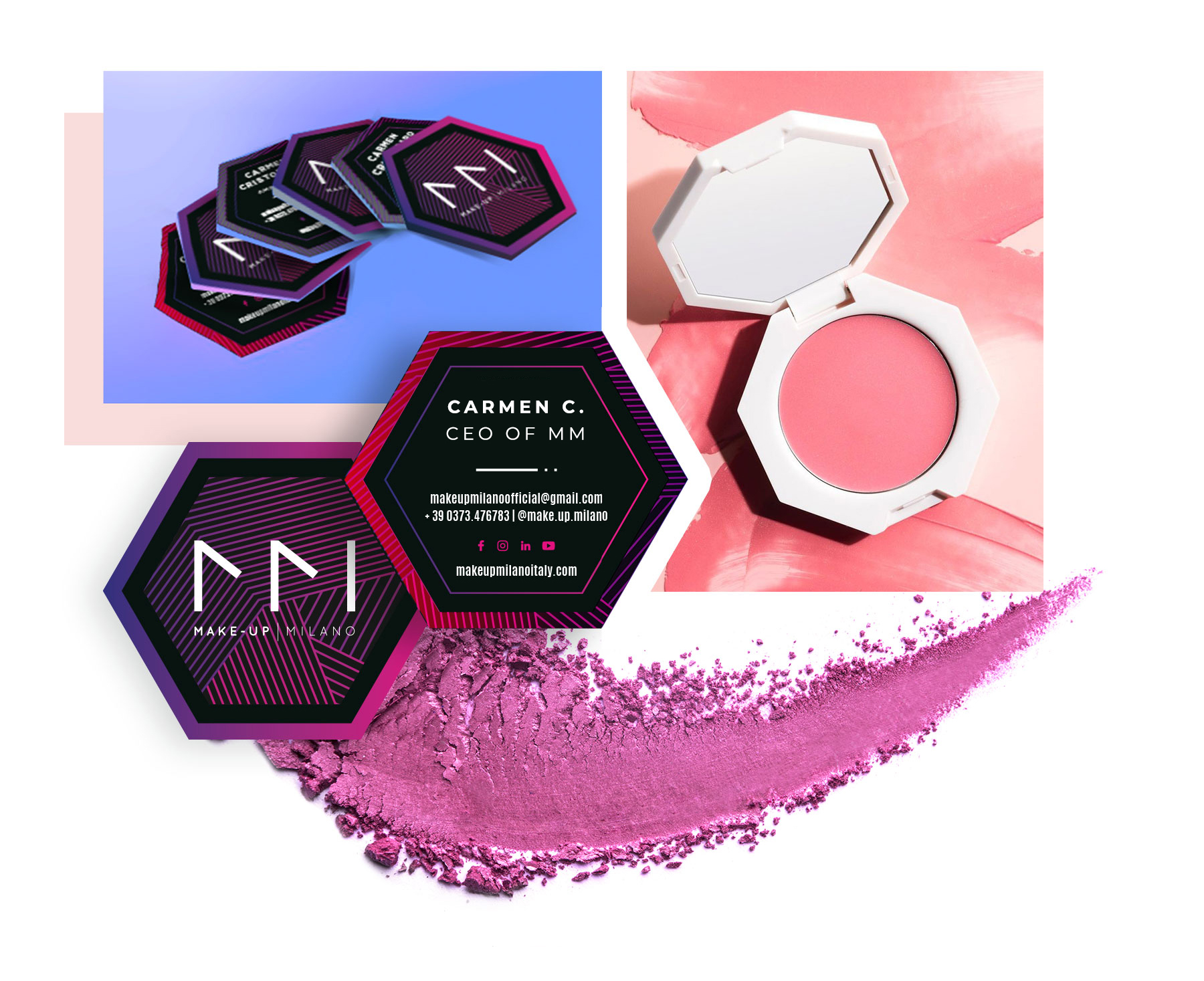 Make-Up Milano hexagonal business card inspired by blush compact