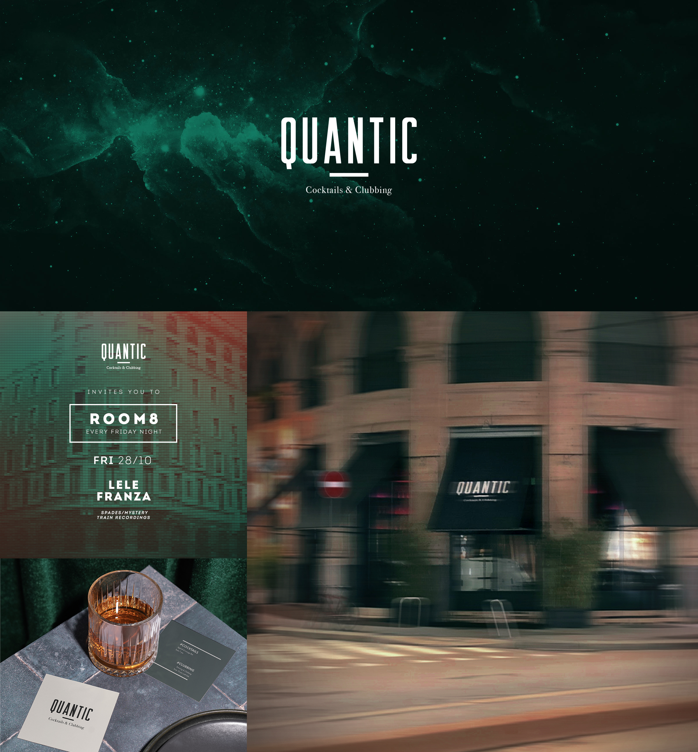 Quantic Milano visual identity featuring green monochrome architectural photography combined with minimalist typography and modular layout system.