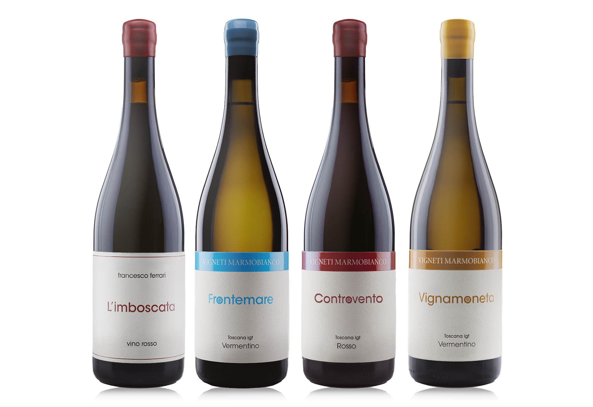Lineup of Vigneti Marmo Bianco wine bottles featuring different labels: L’imboscata, Frontemare, Controvento and Vignamoneta.