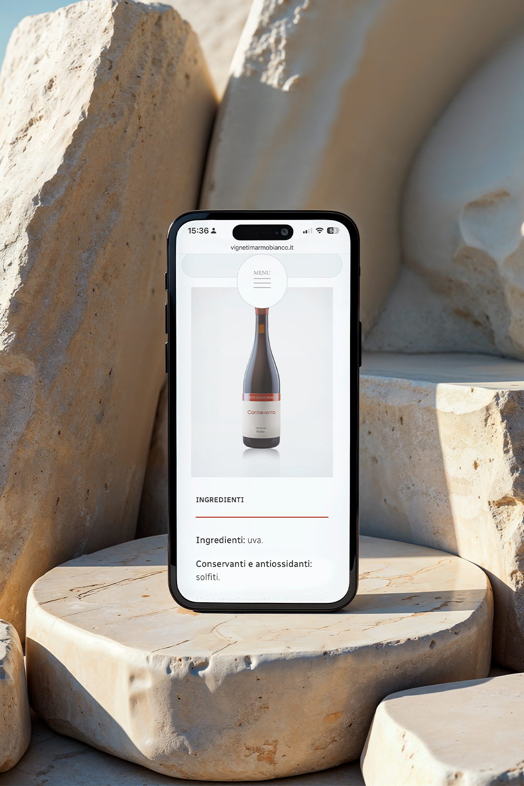 Smartphone displaying the Vigneti Marmo Bianco e-label page with ingredient and legal information.