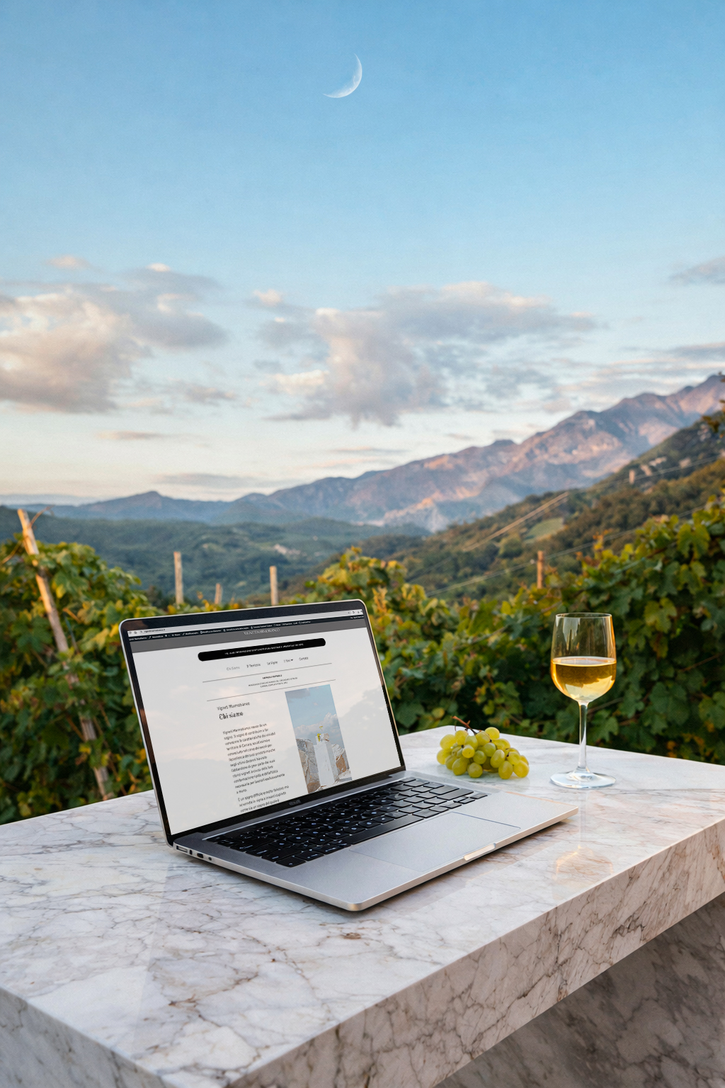 Laptop displaying the Vigneti Marmo Bianco website on a marble table overlooking vineyard hills at sunset.